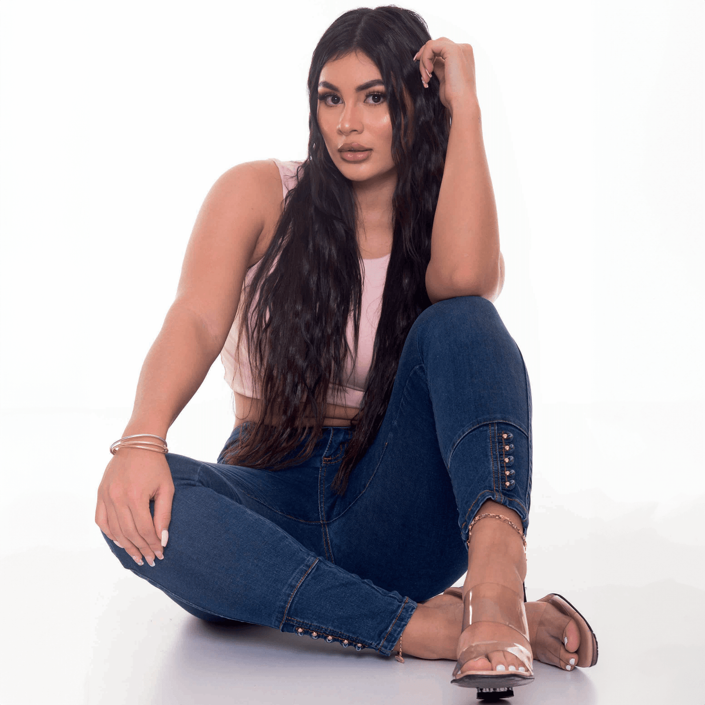 Detail view of leg shaping on Sexy Denim Jeans by Peach Queen